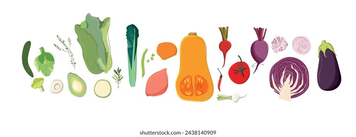 Creative layout made of green peas, cabbage, sweet potato, avocado, tomato, onion, beetroot, pepper, aubergine, artichoke, broccoli and cucumber on the white background. Vector. Colorful vegetables