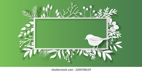 A creative layout with a small bird on a frame and several plants, paper illustration, and 3d paper.