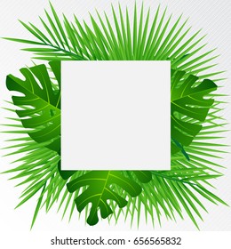 Creative layout tropical flowers and green leaves with paper card  Nature concept. Vector illustration
