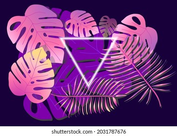 Diseño creativo de hojas tropicales. Colores fluorescentes, de neón plano. Concepto de naturaleza. Fondo tropical moderno