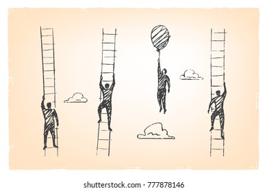 The creative leader flies on the balloon while his friends climb the ladder. Vector business concept art illustration, hand drawn sketch.