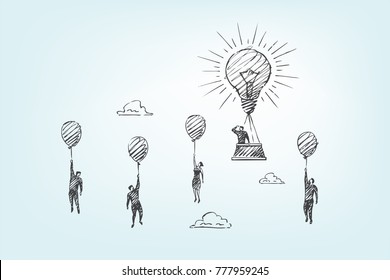 The creative leader takes off up on a large light bulb, while his friends are flying on small balloons. Vector business concept art illustration, hand drawn sketch.