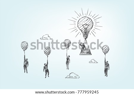 The creative leader takes off up on a large light bulb, while his friends are flying on small balloons. Vector business concept art illustration, hand drawn sketch.