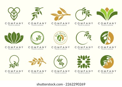 conjunto de iconos de diseño con el logotipo de hoja creativa y aceite de oliva.