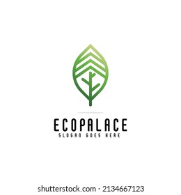 creative leaf with palace logo design in style line and outline, eco palace real estate logo concept, green palace icon vector template