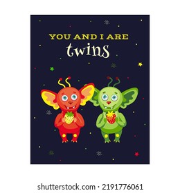 Creative leaflet design with friendly monsters. Variety of funny mascots on dark background. Celebration and Halloween party. Template for promotional leaflet or flyer