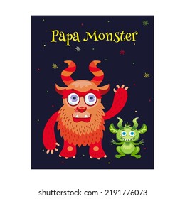 Creative leaflet design with friendly monsters. Funny mascots on dark background. Celebration and Halloween party. Template for promotional leaflet or flyer
