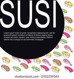 Creative leaflet with linear sushi or sashimi salmon, tuna, shrimp, omelet, avocado. Vector for advertising, design, banners and printing products