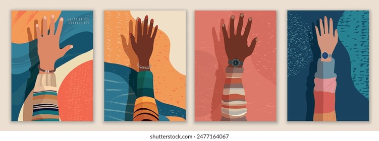 Creative leaflet - poster design with raised hands of multicultural volunteers.Recruitment volunteer. Non profit.Volunteerism.NGO Aid.Call for volunteers template.Charity and solidarity