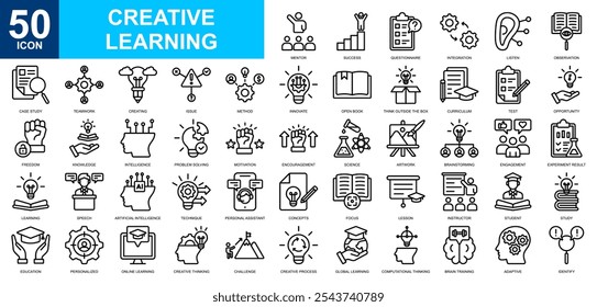 Conjunto de coleta de ícones do Creative Learning. Trabalho em equipe, ciência, universidade, pensamento inteligente, e learning, bolsa de estudos, ícone de criatividade. Vetor de linha simples.