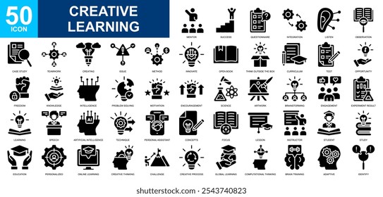 Creative Learning icon collection set. Teamwork, science, university, smart think, e learning, scholarship, creativity icon. Simple glyph vector.