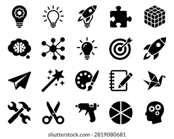Creative learning icon set. Containing lightbulb, rocket, puzzle piece, brain, target, paper airplane, magic wand, paint palette and origami. Vector illustration.