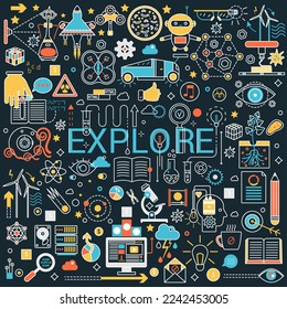 Creative learning and world exploration. Science discovery and innovative technologies vector illustration on black background