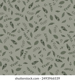 Creative Leaves of Greens Scattered on a Sage Green Background creating a seamless pattern print background