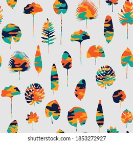 Las hojas creativas establecen un patrón de arte sin fisuras con diferentes patrones de camuflaje de pincel y texturas. Collage. Vector
