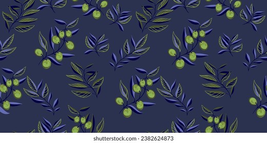 Creative leaves stem, olives branch and olive berries seamless pattern. Abstract, stylized floral leaf print on a dark blue background.  Vector hand drawn sketch. Template for design