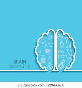 Creative left brain and right brain Idea concept background in paper style with flat set business icon. vector illustration.