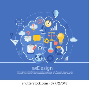Creative left brain and right brain Idea info graphic in line style with flat set business icon, vector illustration.