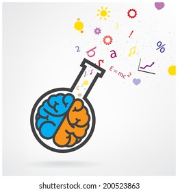 Creative left and right brain sign with the test tube on grey background ,design for poster flyer cover brochure.Education idea ,business idea .vector illustration