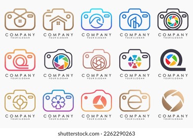 conjunto de iconos de lente creativa y logotipo de cámara. Iconos de fotografía, imagen, galería de fotos y cámara de fotos.