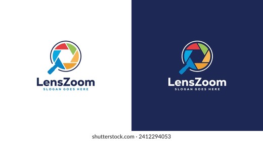 Creative Lens Zoom Logo. Search, Research, Lens Camera and Magnifying Glass with Modern Style. Photography Studio Logo Icon Symbol Vector Design Template.