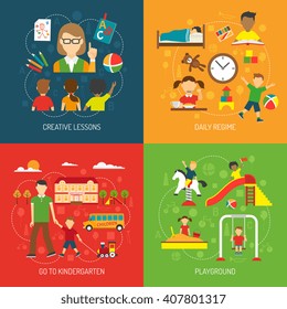 Creative lessons daily regime go to kindergarten and playground 2x2 concept flat vector illustration