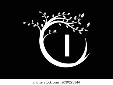 Creative Letter I Black and white monogram alphabet with tree. Green, eco-friendly logo concept. Modern vector logo for ecological business and company identity