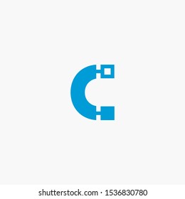 Creative letter c digital circuit style font. Blue letter made of electric current wires and connectors. Modern design concept.