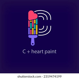 Logo de la carta creativa C para pintura al corazón. Transiciones de color únicas. Letra lineal única una plantilla de logotipo de letra de color C. vector