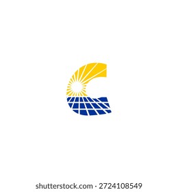 Logotipo creativo de la letra C con el patrón de la rejilla del panel solar. Vector geométrico de Profesional para startups de energía renovable, instalación solar y marca de tecnología sostenible