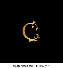 Creative Letter C Logo icon with leaf ornament gold color. Creative Design with dot shape letter C for business, technology, finance, network, start up and more brand.