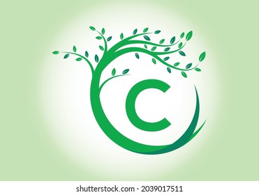 Creative  Letter C monogram alphabet with tree. Green, eco-friendly logo concept. Modern vector logo for ecological business and company identity