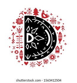 Creative letter D with folk motives - scandinavian. Vector illustration.