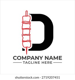 Conceito criativo do logotipo da letra d com um esboço vermelho do skewer do kebab em um fundo branco