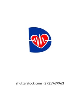 Logotipo da letra D criativa com linha de pulso de batimento cardíaco integrado. Vetor profissional para clínica médica, aplicativo de saúde, farmácia e centro de bem-estar.