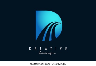 Logo de la carta creativa D con líneas líderes y diseño de concepto de carreteras. Letra D con diseño geométrico. Ilustración vectorial con letras y líneas y cortes creativos.