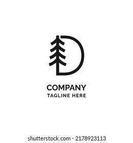 Logo de la carta creativa D con árbol de bosques de pino