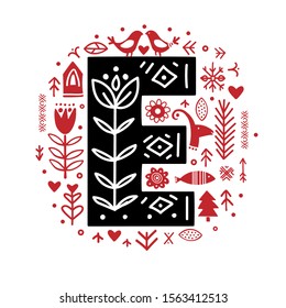 Creative letter E with folk motives - scandinavian. Vector illustration.
