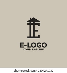 Creative Letter E Logo with Home Illustration on Soft Brown Background