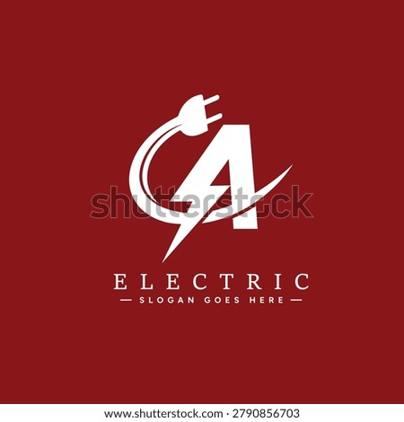 Creative Letter A electric power logo featuring plug and lightning bolt icon, perfect for energy, electrical, technology, and industrial businesses starting with A