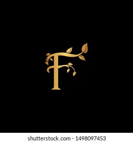 Creative Letter F Logo icon with leaf ornament gold color. Creative Design with dot shape letter F for business, technology, finance, network, start up and more brand.