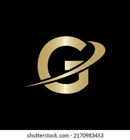 Plantilla de vectores de diseño con logotipo G de letra creativa. Diseño del logotipo G basado en el diseño del alfabeto comercial logotipo color de oro y fondo negro.