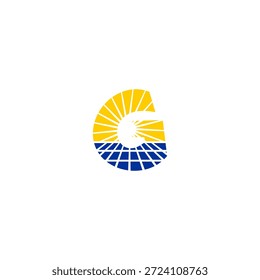 Logotipo creativo de la letra G con patrón de rejilla de panel solar. Vector geométrico de Profesional para startups de energía renovable, instalación solar y marca de tecnología sostenible