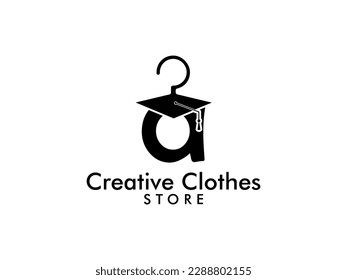 Creative Letter A With graduation hat and hanger vector Logo, Genius clothing store logo design inspiration. Cloth Shop logo, Clothes logo vector illustration