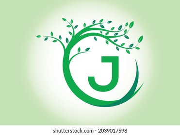 Creative  Letter J monogram alphabet with tree. Green, eco-friendly logo concept. Modern vector logo for ecological business and company identity