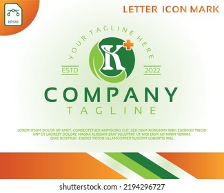Creative letter K and health care green leaf logo design template