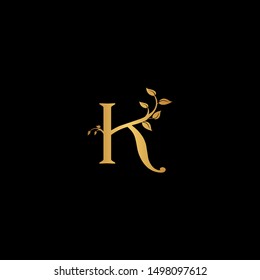 Creative Letter K Logo icon with leaf ornament gold color. Creative Design with dot shape letter K for business, technology, finance, network, start up and more brand.