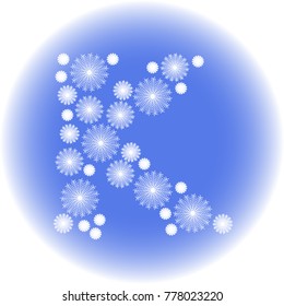 creative letter K made out of snowflakes in light blue white colors 