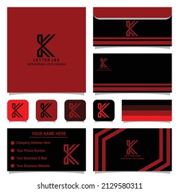 Diseño de logotipo en monograma K de carta creativa con tarjeta de visita y plantilla de sobre