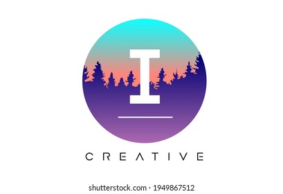 Creative I Letter Logo Design with Pine Forest Vector Shapes and Pastel Circular shape Color Illustration